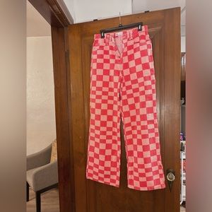 Zara Red and Pink Checkered Wide-Legged High Waist Jeans